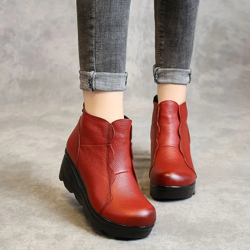 Retro blue elevator wedge boots woman real leather ankle boots ladies shoes black red stylish winter booties