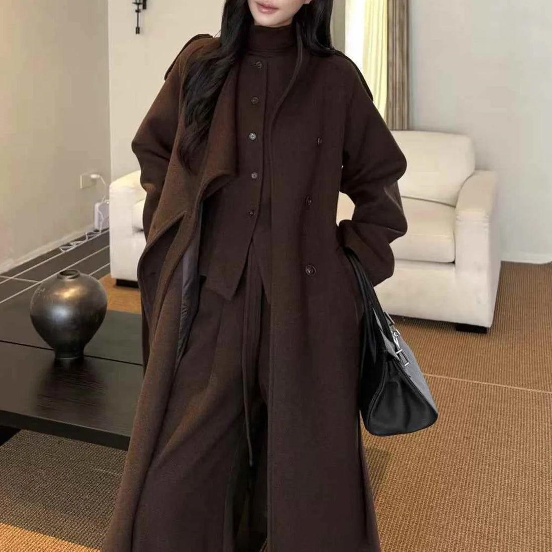 BJTZ 2025 New Winter  Trench Coat Vest Wide Pants 3PC Set Women’s Elegant Minimalist Thermal Lined Luxury Casual Outfit