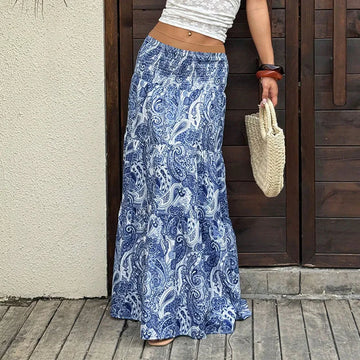 Women Skirt New Summer Skirts Sweet Print Elastic Waist Skirt A-LINE Long Office Lady Women Skirts for Women Faldas 2025 Q437