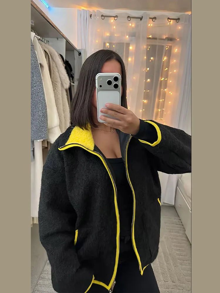 Casual Contrast Stand Neck Women Cardigan Elegant Zipper Pocket Full Sleeve Bomber Female Coat 2026 Spring Autumn Lady Outwear