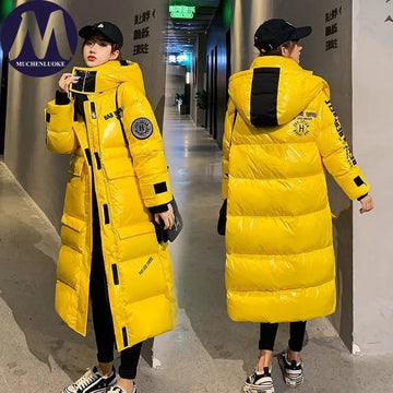 Women's Glossy Surface Hooded Jacket, Thick, Warmth Coat, Long Parkas Casual, Loose, No-Rinse, Korean Fashion, Winter, New, 2022