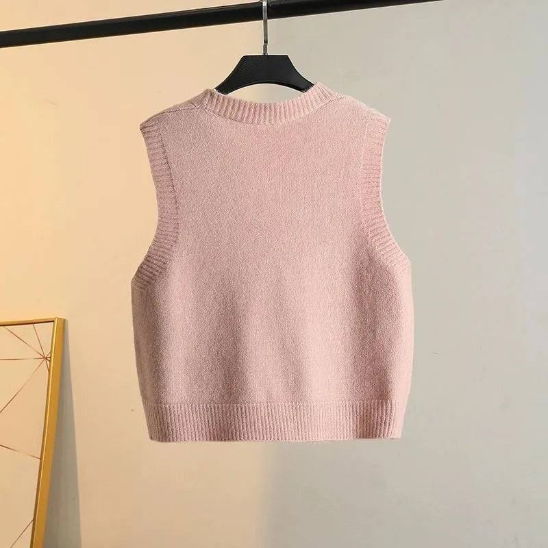 Spring And Autumn New Knitted Cardigan Short Vest Women Fashion V-Neck Sleeveless Jacket Female Knitwear Waistcoat Tops T1236