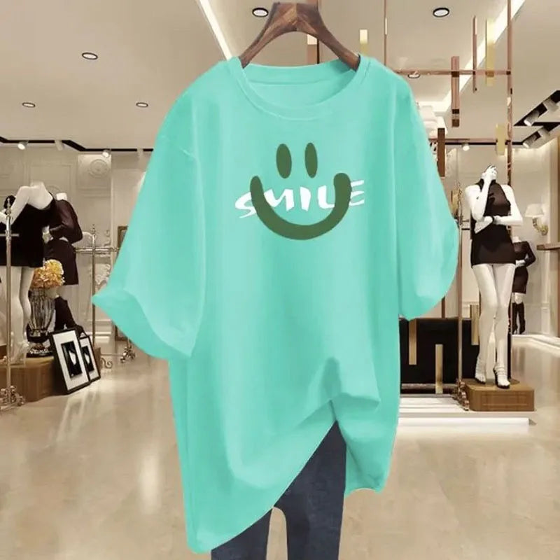 2025 Summer New Smiling Letter Print T-shirts Women Clothing Loose O-neck Short Sleeve Pullover Office Lady Pure Cotton Top Tees