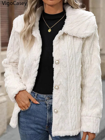 VigoCasey 2025 Women Autumn Winter White Jacket Soft Loose Cardigan Lady Coat Turndown Collar Long Sleeve Thick Plush Warm Coat