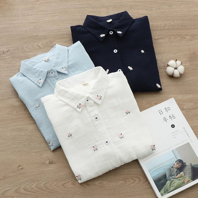 2024 Spring Autumn New Fresh Cotton Yarn Ladies Long Sleeve Shirt Flower Embroidered Women's Casual Shirt Female Blouse Clothes