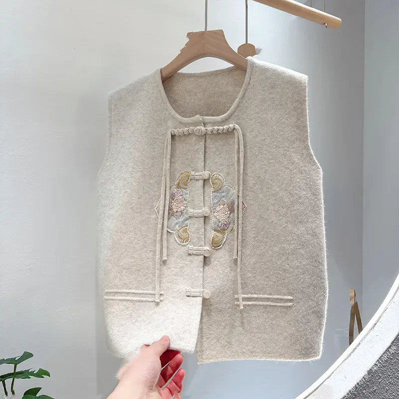 Spring And Autumn New Fashion Chinese National Style Embroidery Cardigan Knitted Vest Women Casual Loose Sweater Waistcoat T1172