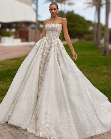 New Arrivals Strapless Neck Lace Up Back Beads Pearls Flowers Appliques Lace A-Line Bridal Wedding Dress Vestido De Novia