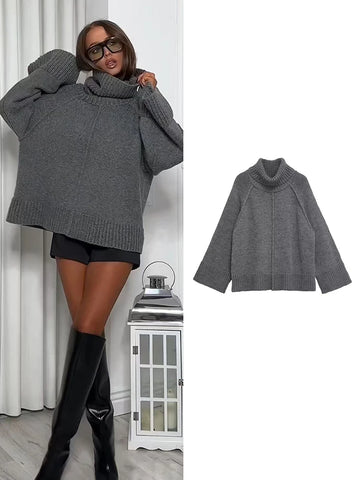 TFMLN 2025 New Women Autumn Winter Thick Sweater Casual High Neck Pullover Sweater Warm Loose Knitted Fashion Sweater Tops