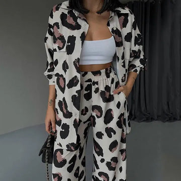 Print Women Two Piece Pant Sets Women Shirt Turn Down Collar Button Wide Leg Pants Suits Loose Tracksuit Set Pockets Spring