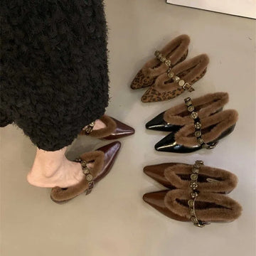 Flat Fashion Western Style Heightened Leopard Print Block Heel Autumn Thin Pointed Toe Women's Fleece Pumps