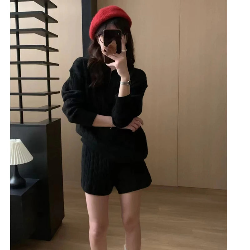 Winter Fashion Knitted Polo Pullover Sweater and Short Pant Women Suit Autumn Casual Elegant Two-piece Set Knitwear