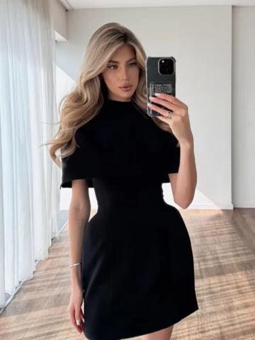 Solid Shawl A-line Dress Women Elegant Round Neck Waist Cinching Slim Short Mini Dresses 2026 Lady Daily Party Evening Vestido