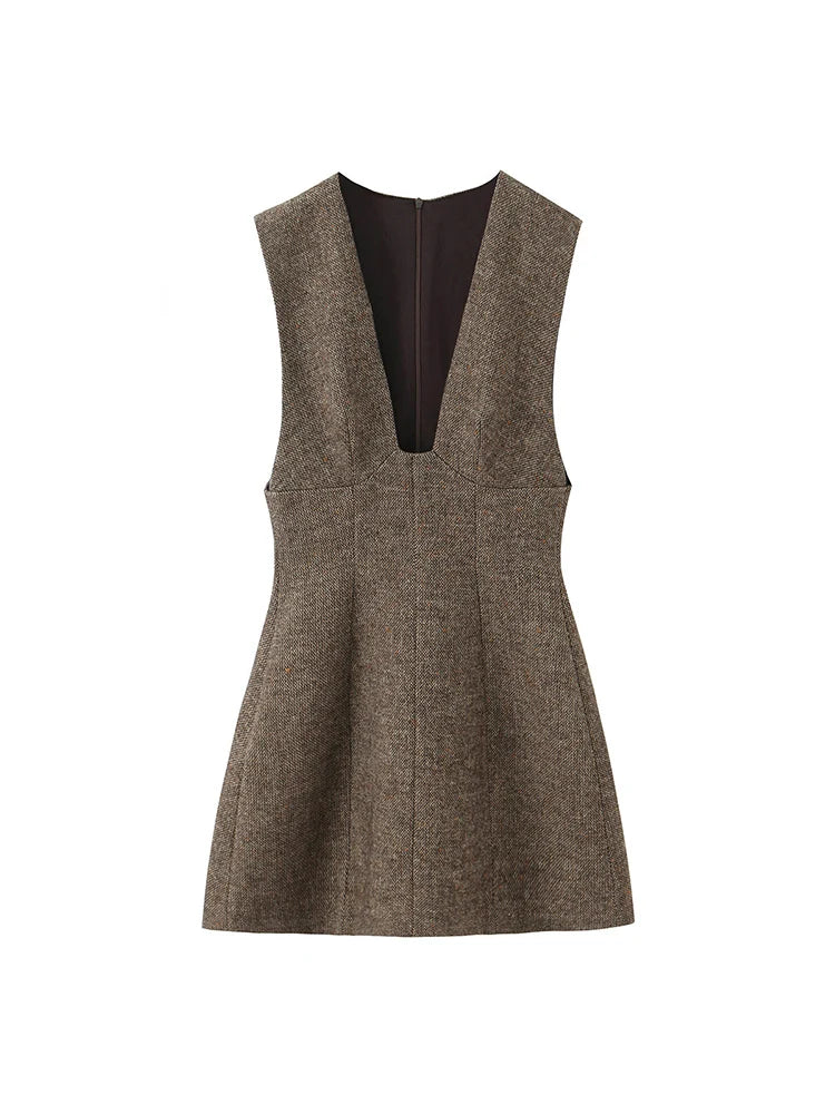 TFMLN Women's Sleeveless Dress Autumn Winter New Style Elegant Deep V-Neck Thick Mini Dress Sexy Fashionable Ladies Clothes
