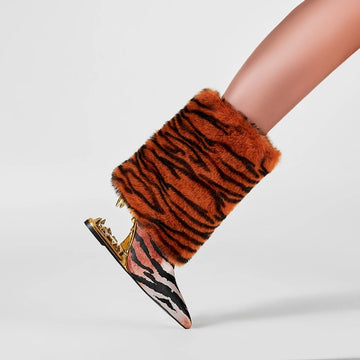 Kaky's new fur boots tiger print leopard print pointed toe large irregular heel short boots for women