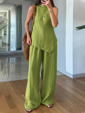 2025 Summer New Irregular Hem White 2 Piece Sets Women Outfits O-neck Sleeveless Tops Loose Casual Wide Leg Pants Holiday Set