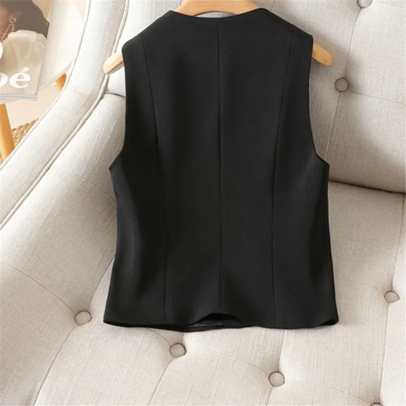 Spring Autumn new Fashion V-neck Double Breasted Short Vest Women Casual Elegant Office Ladies Waistcoat Sleeveless Jacket T1095