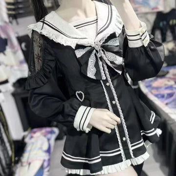 Y2K Lolita Bow Dress Shorts Set Women Japanese Gothic Slim Mini Dress Vintage Sweet Long Sleeve Button Shirt Party Dresses