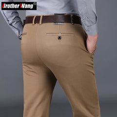 4 Colors Classic Style Men's Brown Business Straight Casual Pants Solid Stretch Cotton High Waist Office Trousers Male Brand