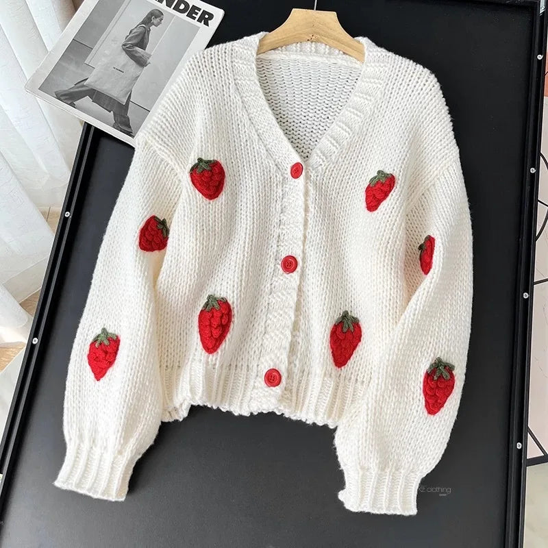 Sweet Strawberry Long Sleeve Loose Cardigans Women Spring Autumn 2026 V Neck Single Breasted Preppy Style Sweater Knitted Tops
