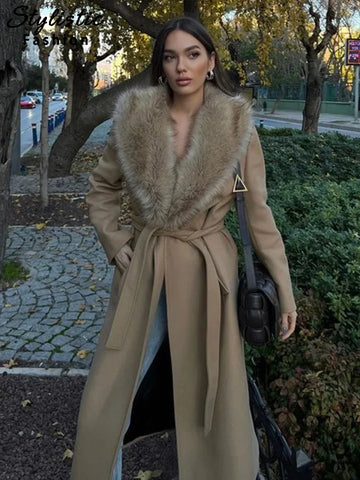Elegant Woolen Lace Up Long Coat Women Mao Mao Big Lapel Long Sleeve Overcoat Female 2025 Early Spring Thicken Warm Coats Lady