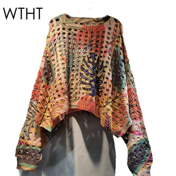 WTHT Fashion Women's Irregular Print Hollow Out Design Sweater Trendy O-neck Long Sleeves Pullovers Female 2025 Summer 1LS1640
