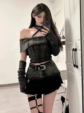 Sexy Off Shoulder Short Sleeve Women Slim Retro Tops Splicing Mini Skirt Set Spicy Girl Two Piece Sets Outfits Summer New 2025