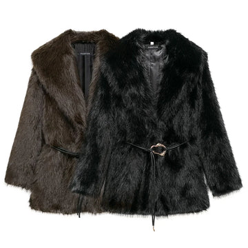 Women's Belt Decoration Collar Solid Color Medium Long Coat Autumn/Winter New Long Sleeve Loose Coat