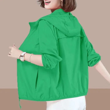 Women Thin Sun Protection Clothing 2025 Summer New Casual Hooded Windbreaker Long Sleeve Female Pocket Zipper Loose Outwear T981