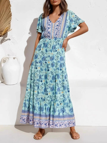 Vintage Chic Fashion Women Floral Print Short Sleeve Bohemian Maxi Dress Ladies Lace-up Rayon Summer Beach Boho Dress Vestidos