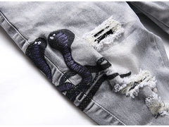 Men Snake Embroidery Gray Denim Jeans Streetwear Holes Ripped Distressed Stretch Pants Embroidered Slim Straight Trousers