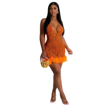 Fashion Fluffy Feathers Splice Hem Women Wrap Hip Gown Hanging Neck Backless Dress Sequins Decoration Female See-through Dresses