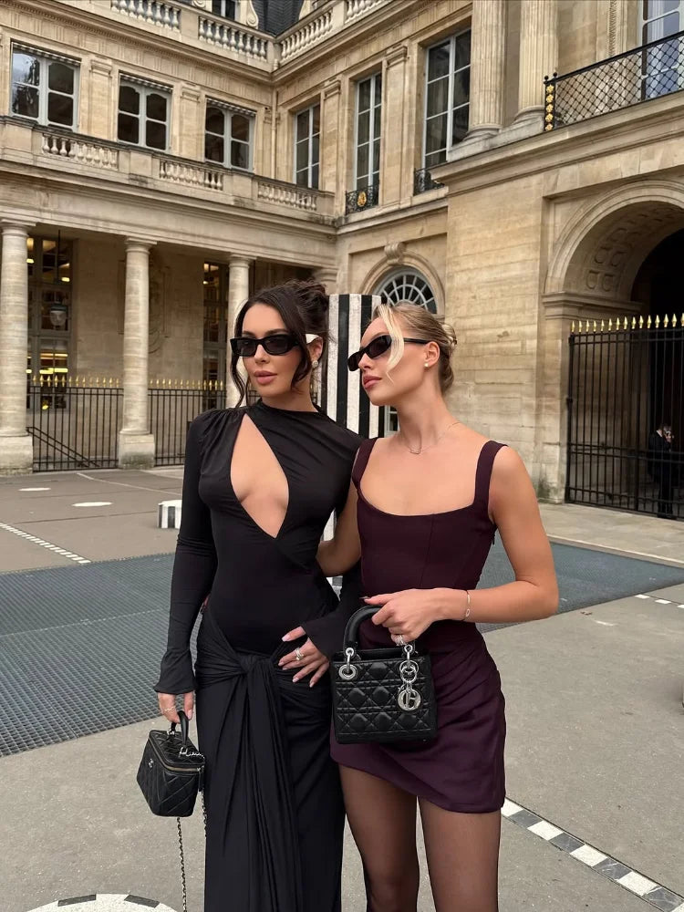 Women Square-neck Halter Mini Dress Sexy Pleated Sleeveless Backless High Waist Bodycon Dresses 2026 New Summer Lady Party Robes