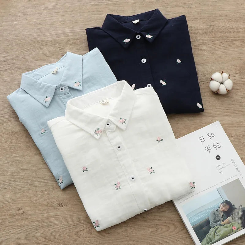 2023 Autumn New Fine Women's Collar Printed Shirt Female Casual Long Sleeve Loose Blouses and Tops Lady Fresh White Blue Shirt
