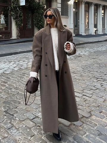Elegant Solid Women Woolen Long Coats Loose Lapel Double-breasted Full Sleeve Shoulder Pads Overcoat 2025 Autumn New Outerwears