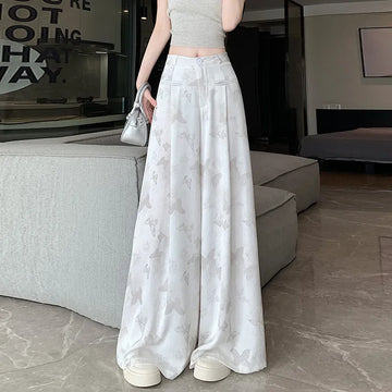 Spring Summer New Fashion Satin finish Wide-leg Pants Female Vintage Jacquard Trousers High Waist Ladies Straight Pants T1296