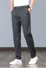 Summer Thin Plaid Formal Stretch Pants Men Slim Business Grey Black Casual Pant Fashion Male Clothing England Trousers