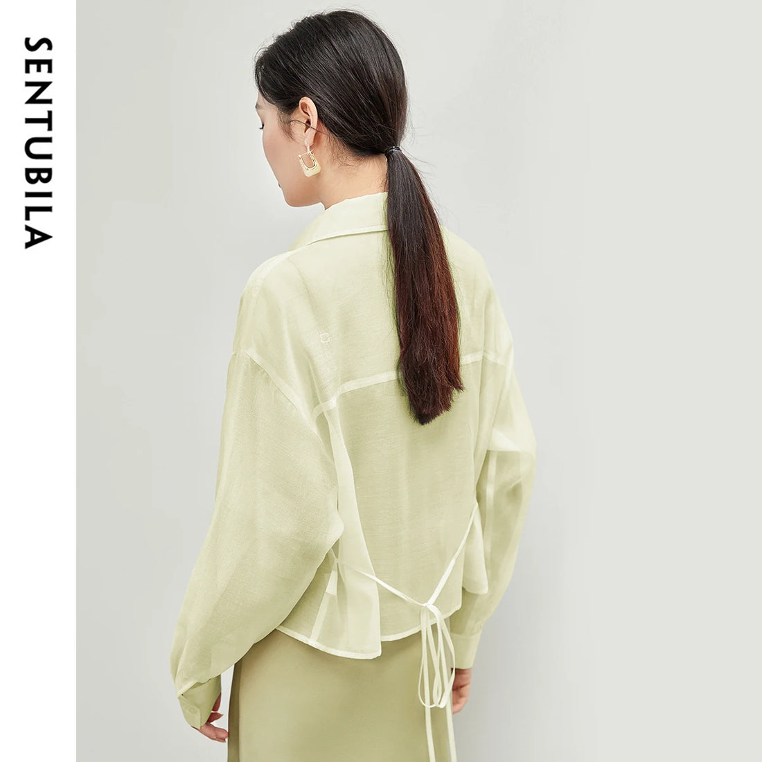 SENTUBILA Women Lyocell See Through Shirt 2025 Summer Ladies Long Sleeve Crop Tops Casual Lace Up Shirts & Blouses 142C54323