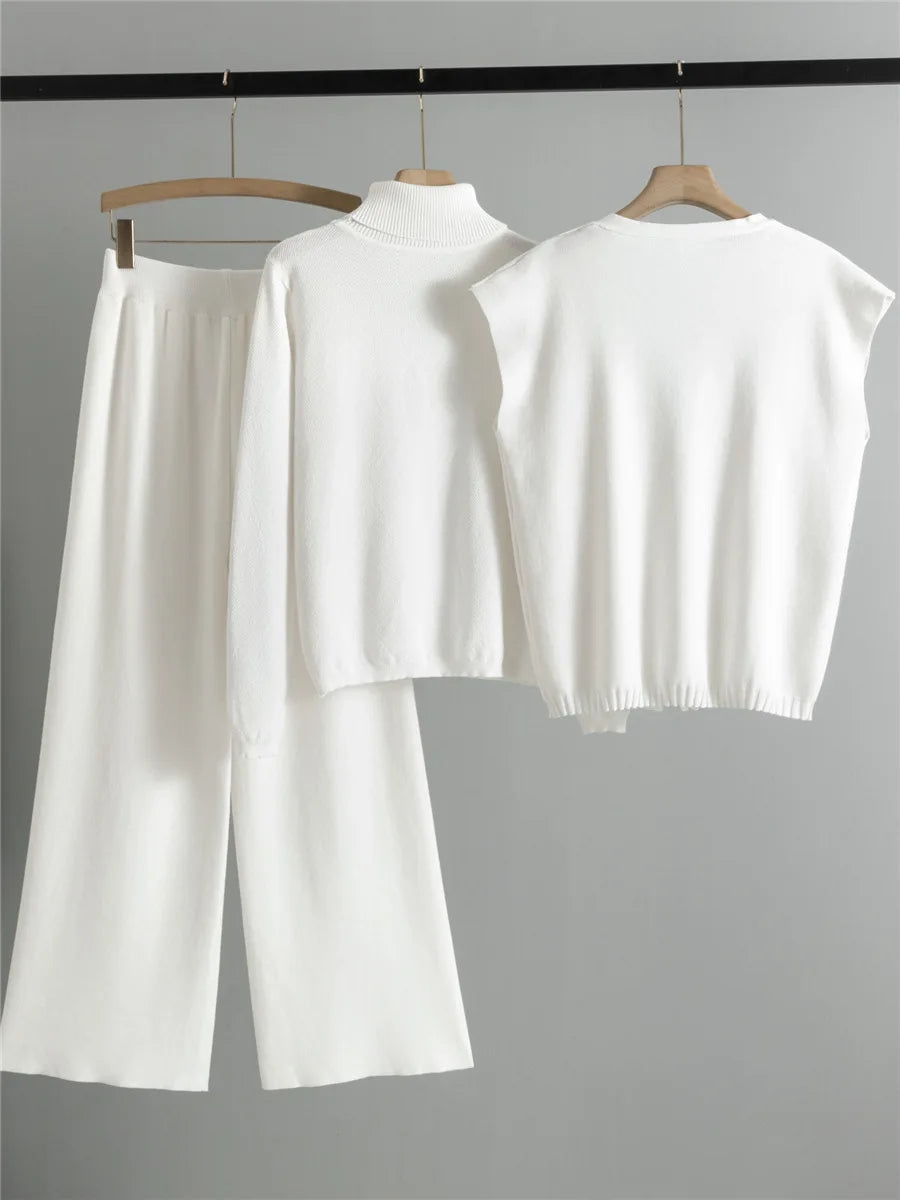 Spring Fall Chic Knitted 3 Piece Sets Women Cardigan Vest+knitwear Pullover Sweater Tops Conjuntos High Waist Sweatpants Outfit