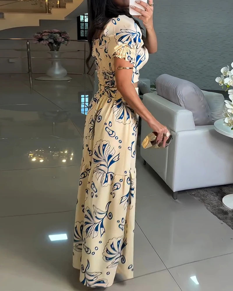 Fashion 2025 Summer Women's 2 Pieces Outfit Floral Print Square Neck Puff Sleeve Crop Top and Casual A Line Ruffles Skirt Set