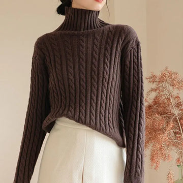 Women's Clothing Korean Long Sleeve High-neck Autumn Winter Solid Color Pullover Sweater Knitted Screw Thread Casual Retro Tops