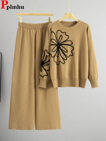 Korean Design Knitted 2 Piece Sets Women Rhinestone New O-neck Sweater Pullover Tops Conjuntos High Waist Straight Pants Outfit