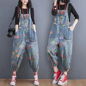 Fashion Streetwear Print Floral Denim Jumpsuit Women Dungarees Straps Rompers Cargo Pants Loose Wide Leg Jeans Overalls T1304