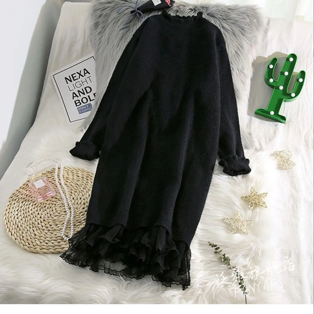 Lace Splicing Knitted Sweater Dress Women Autumn Winter Korean Half High Collar Thick Mid Dresses Solid Color Loose Versatile