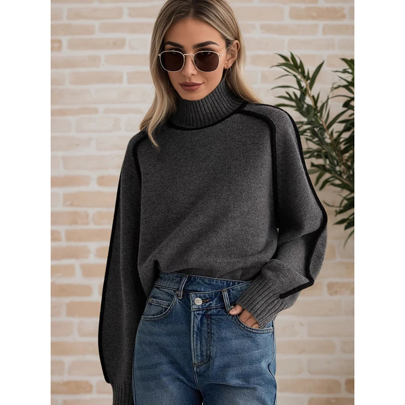 2025 Autumn Winter Women Turtleneck Sweaters Casual Striped Long Sleeved Knitted Pullovers Regular Jumpers Streetwear Pullovers