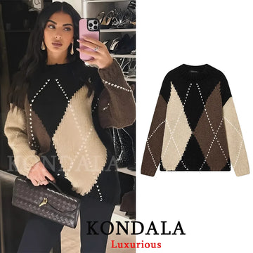 KONDALA Vintage Plaid Knit Sweaters Women Long Sleeve O Neck Loose Thick Tops Fashion 2025 Autumn Winter Thick Warm Sweaters