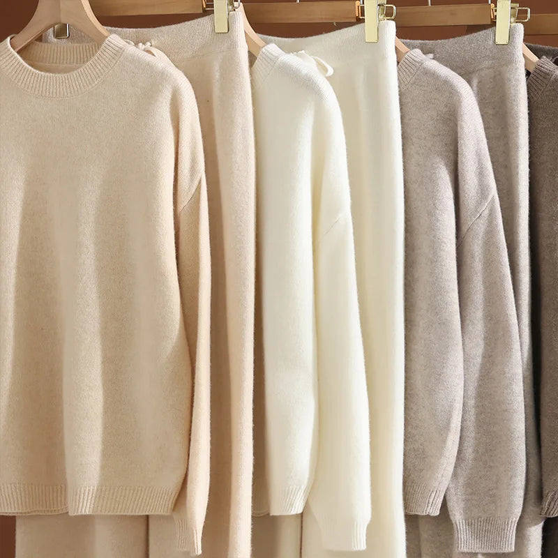 New Women Wool O-neck Pullover Wide Leg Pants Set 100% Wool Sweater Autumn Winter Casual Dropping Sleeve Knit Loose Top Trousers