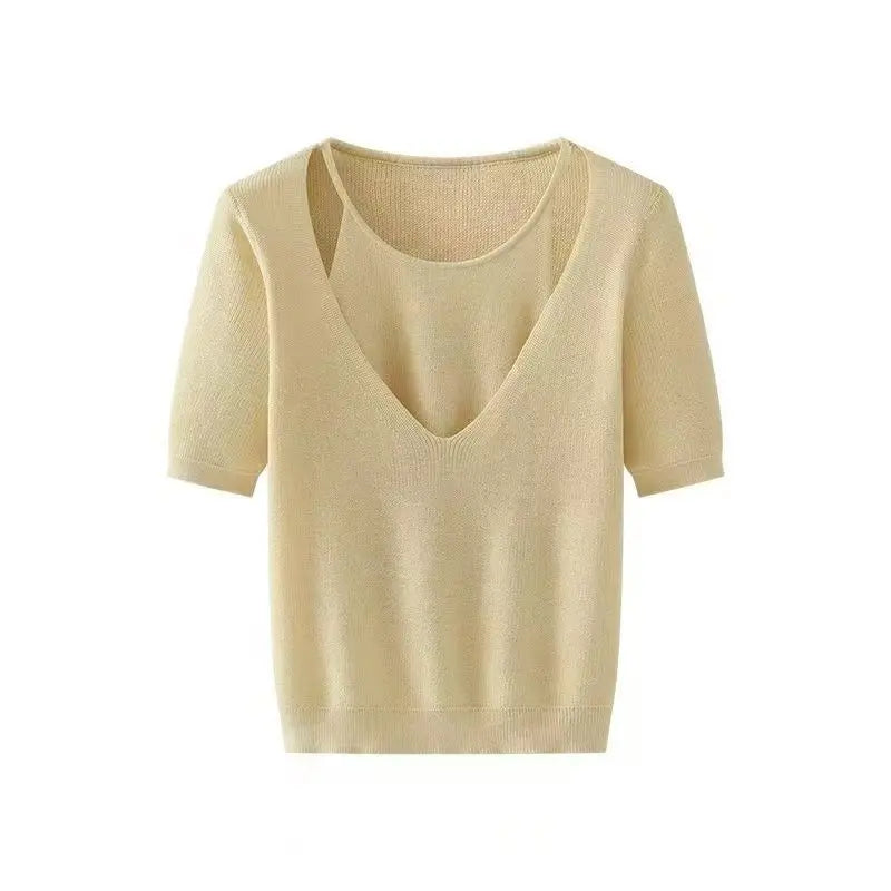 Women's Clothing Fashion Two Piece Casual T-shirts Summer Casual Short Sleeve Pullover Lady V-neck Breathable Solid Color Tops