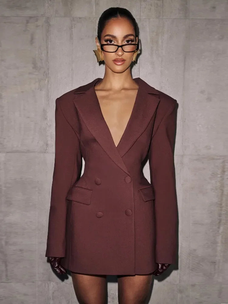 Lady Solid Waist Cinching Blazer Dress Fashion Full Sleeve Lapel V-neck Double Breasted Slim Vestidos 2025 Office Street Gown