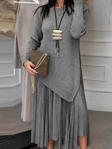 Lady Casual Long Sleeve Solid 2Pc Suit Fashion Splicing Loose Commuter Outfit Elegant O-neck Pullover Knit & Suspender Skirt Set