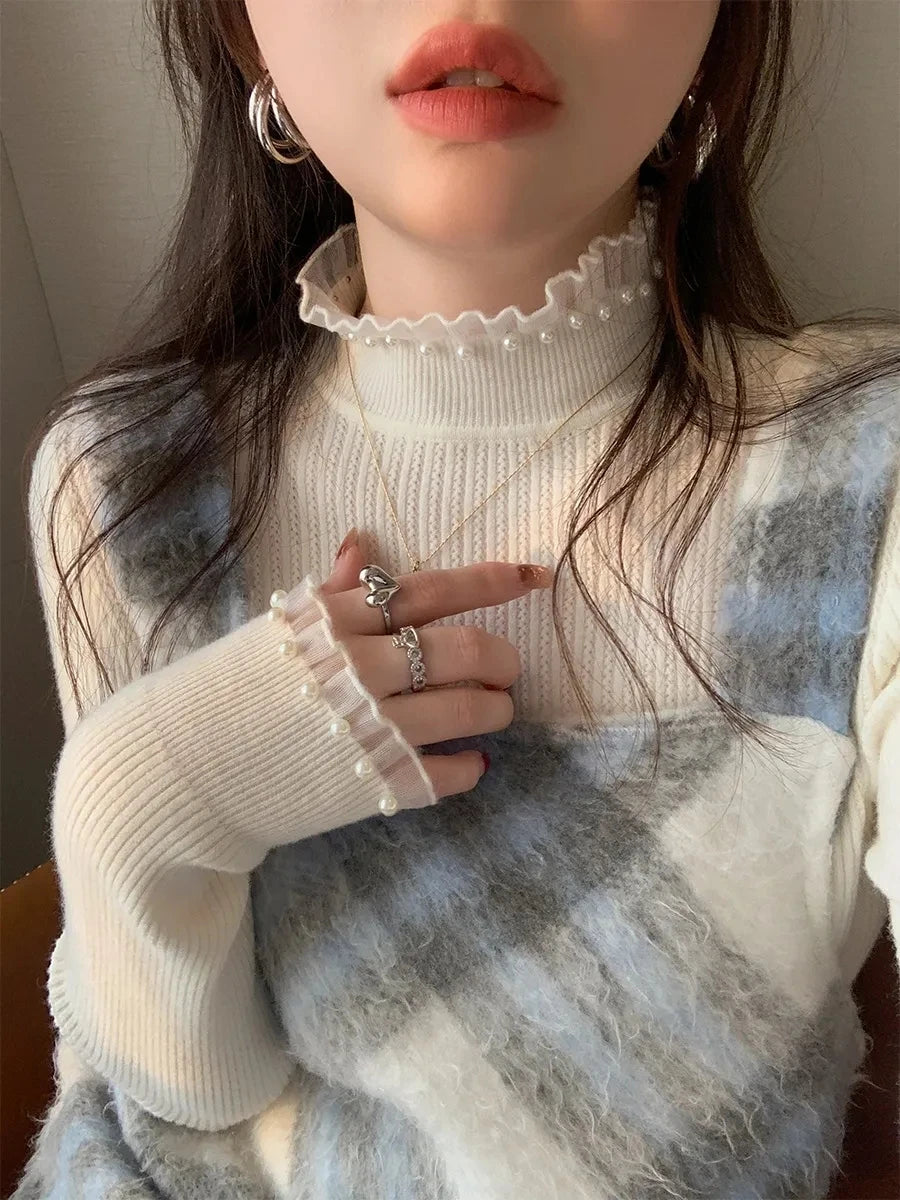 New Women's Autumn and Winter Solid Color Ruffled Semi-turtleneck Long-sleeved Knitted Sweater Casual Women's Knitted Pullovers